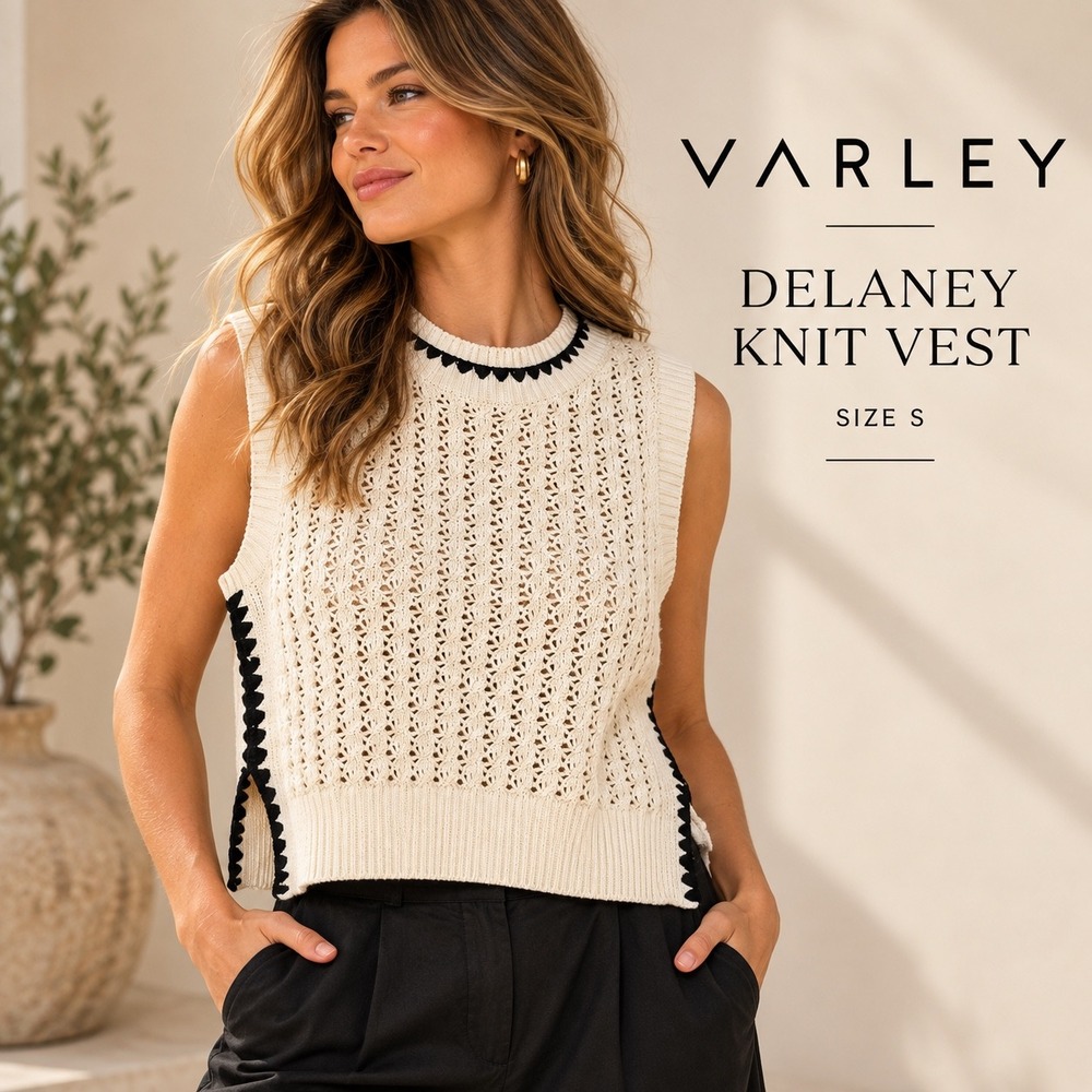 Varley Delaney Knit Vest Women Small Ivory Black Crochet Trim Pointelle VAR01541